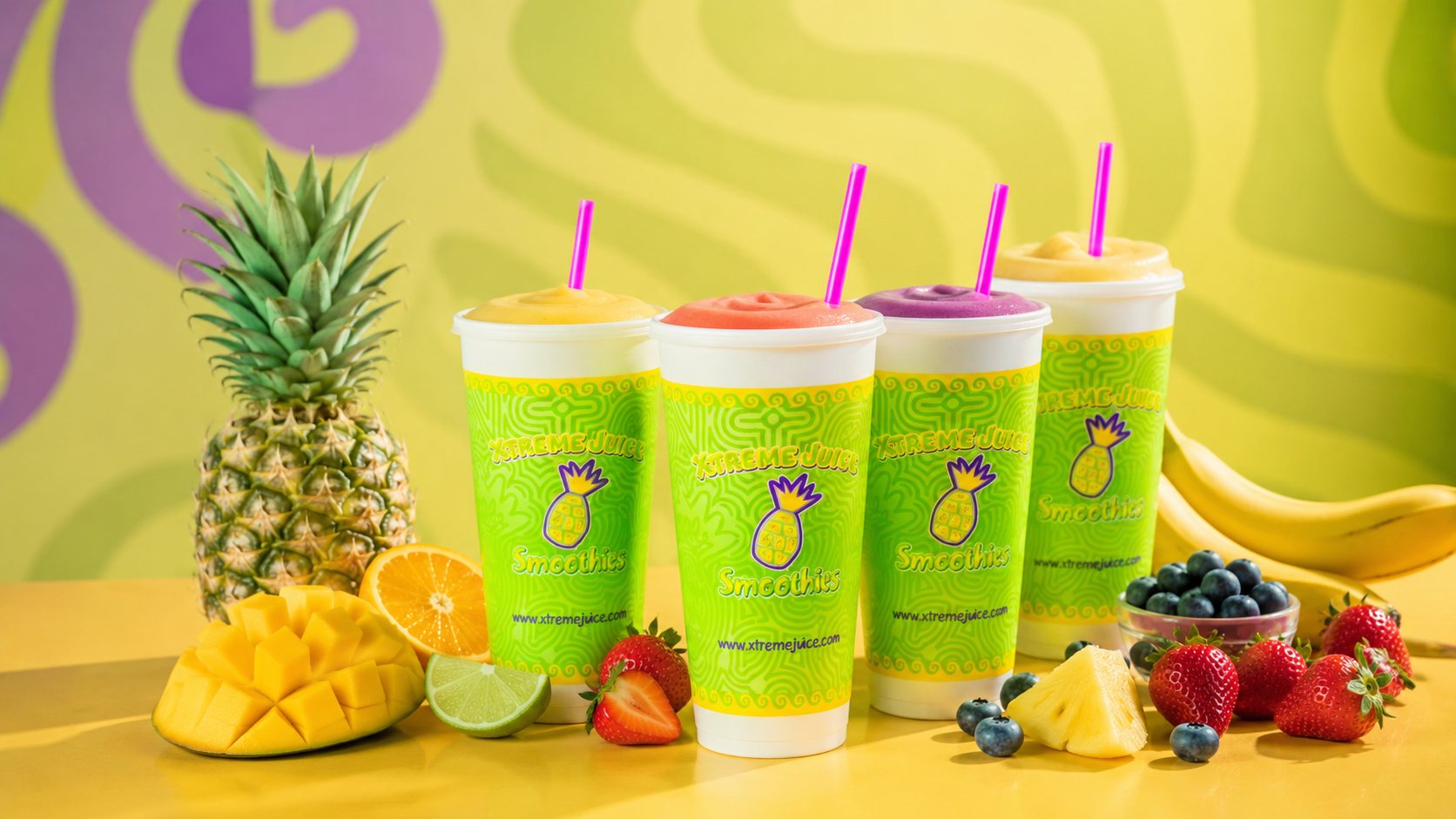 Xtreme Juice smoothies lined up on a groovy Tampa backdrop
