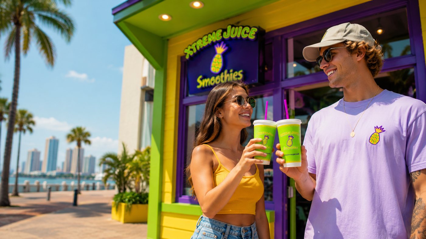 Friends cheersing Xtreme Juice cups on the Tampa waterfront